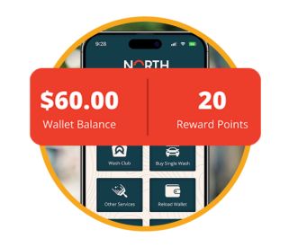 phone displaying beacon mobile app with overlay of wallet balance and reward points