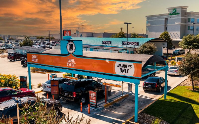 overview shot of pay station lanes at a GO Carwash location