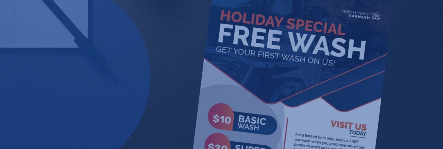 desk with a car wash promotion flier on top