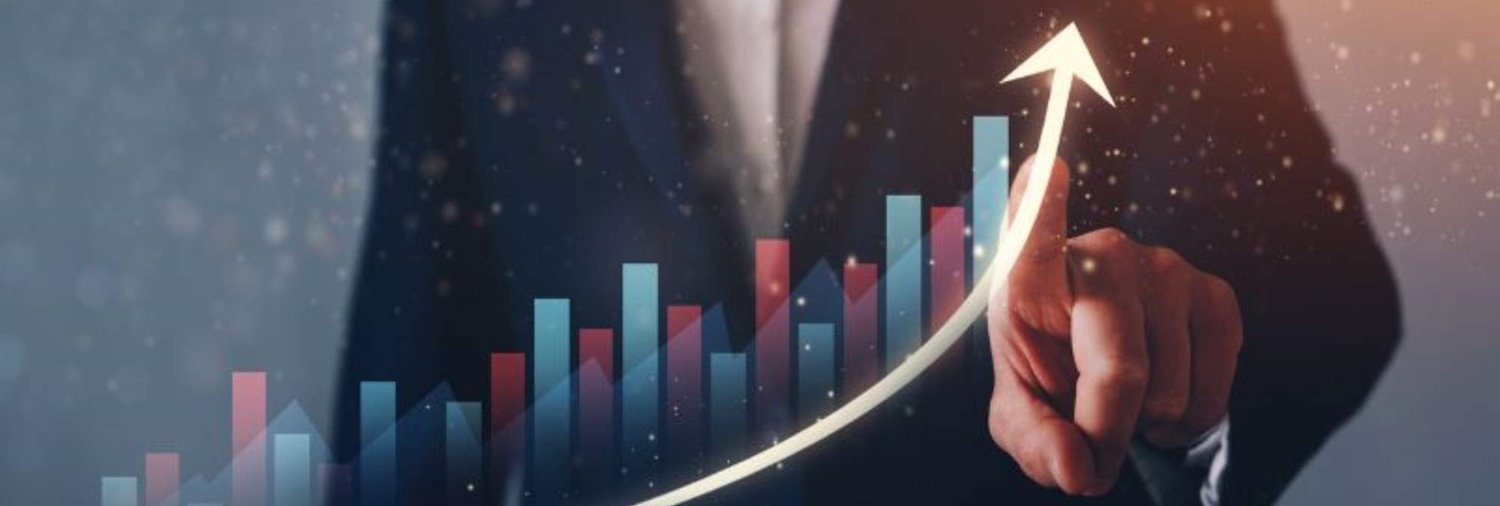 Upward graph overlap in front of a man pointing