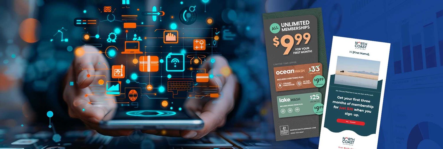 icons popping out of phone with examples of car wash offers on the right side