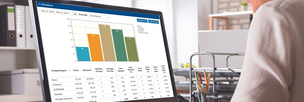 a man looking at a computer screen displaying  a report from the director enterprise-level management system for iba car washes